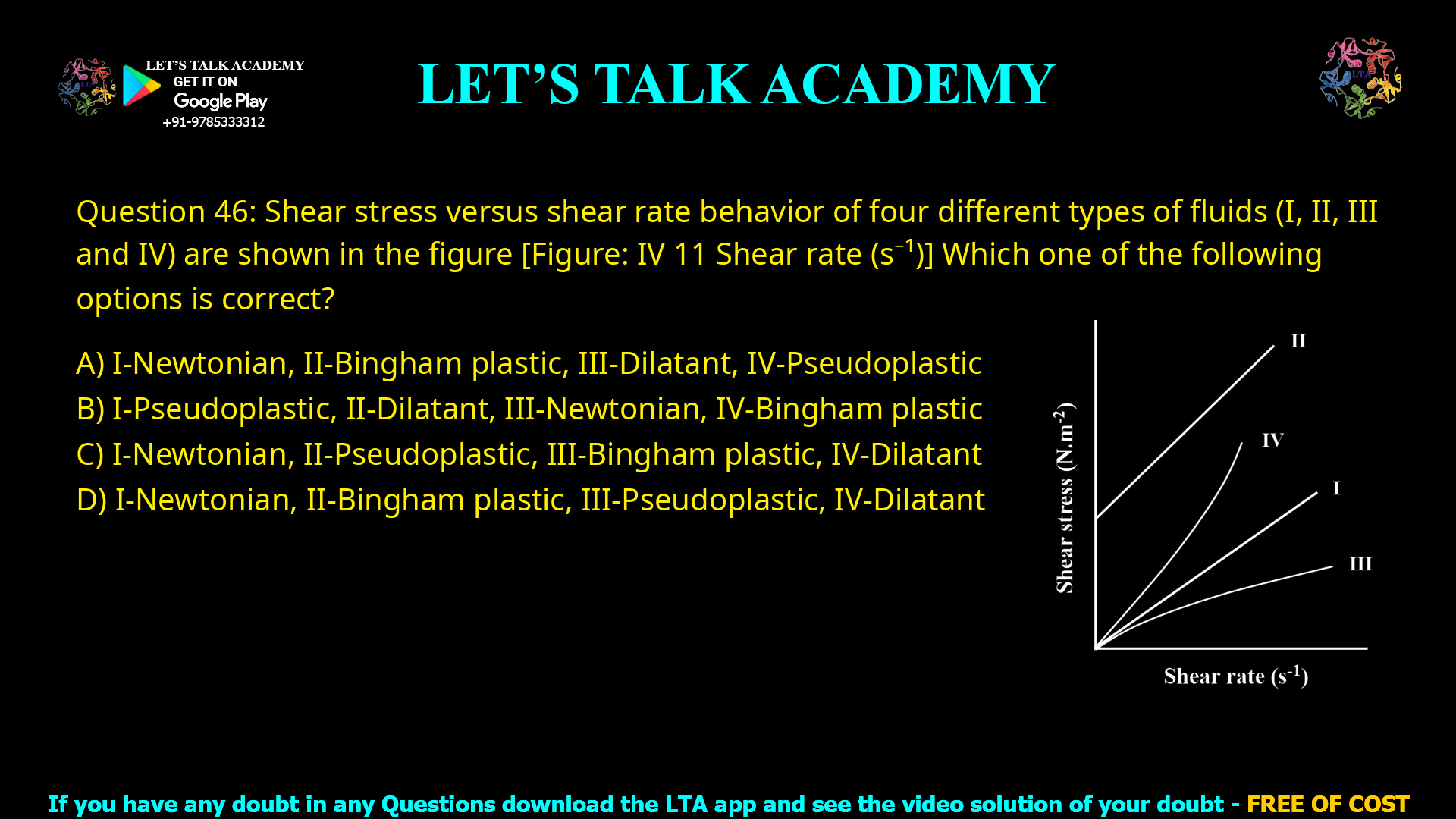 Q.46 Shear stress versus shear rate behavior of four different types of fluids (I, II, III and IV) are shown in the figure below. Which one of the following options is correct? (A) I-Newtonian, II-Bingham plastic, III-Dilatant, IV-Pseudoplastic (B) I-Pseudoplastic, II-Dilatant, III-Newtonian, IV-Bingham plastic (C) I-Newtonian, II-Pseudoplastic, III-Bingham plastic, IV-Dilatant (D) I-Newtonian, II-Bingham plastic, III-Pseudoplastic, IV-Dilatant