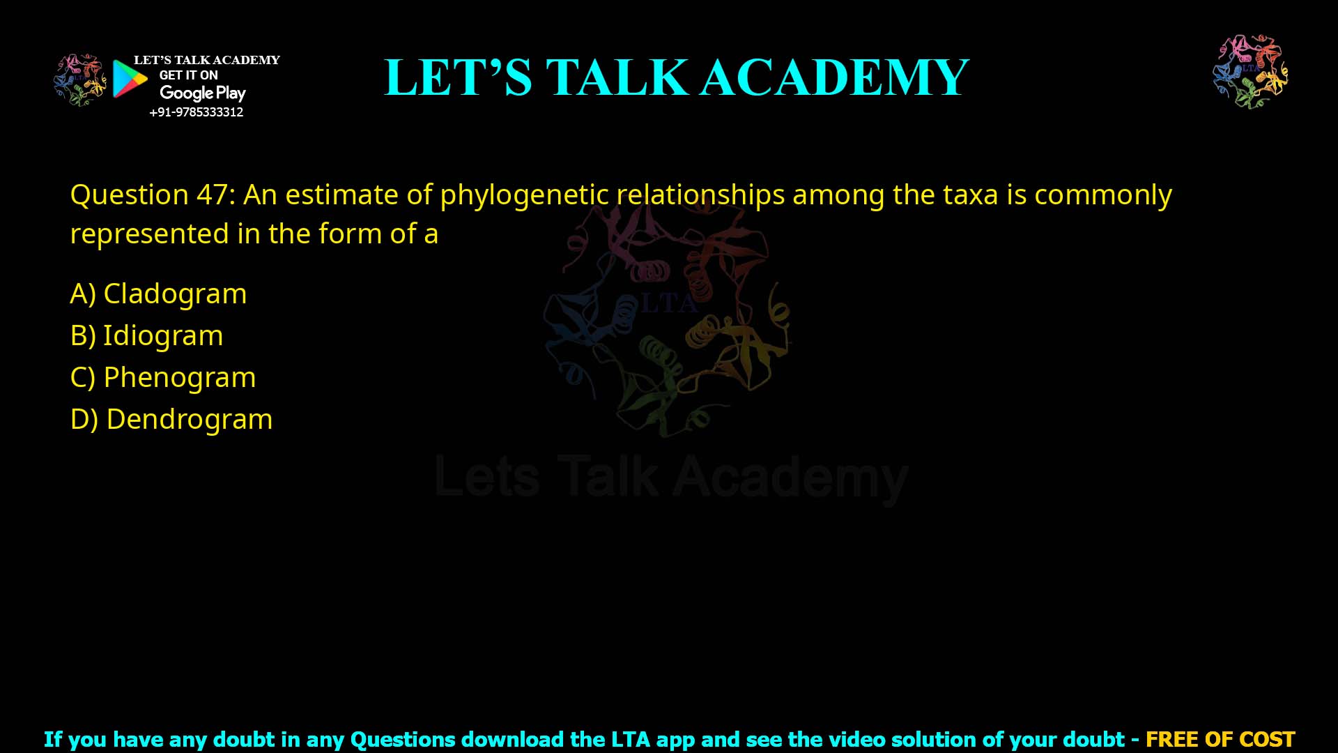 Q.47 An estimate of phylogenetic relationships among the taxa is commonly represented in the form of a (A) Cladogram (B) Idiogram (C) Phenogram (D) Dendrogram