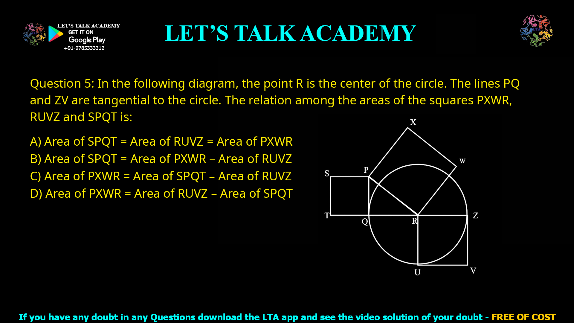Q.5 In the following diagram, the point R is the center of the circle. The lines PQ and ZV are tangential to the circle. The relation among the areas of the squares, PXWR, RUVZ and SPQT is (A) Area of SPQT = Area of RUVZ = Area of PXWR (B) Area of SPQT = Area of PXWR  Area of RUVZ (C) Area of PXWR = Area of SPQT  Area of RUVZ (D) Area of PXWR = Area of RUVZ  Area of SPQT