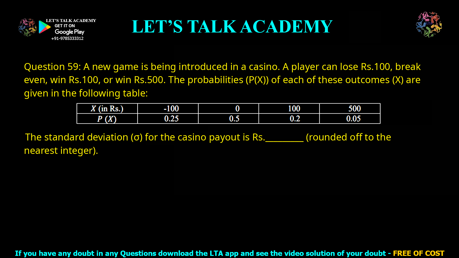 Q.59 A new game is being introduced in a casino. A player can lose Rs. 100, break even, win Rs. 100, or win Rs. 500. The probabilities (P(X)) of each of these outcomes (X) are given in the following table: X (in Rs.) -100 0 100 500 P(X) 0.25 0.5 0.2 0.05 The standard deviation (σ) for the casino payout is Rs. ________ (rounded off to the nearest integer).