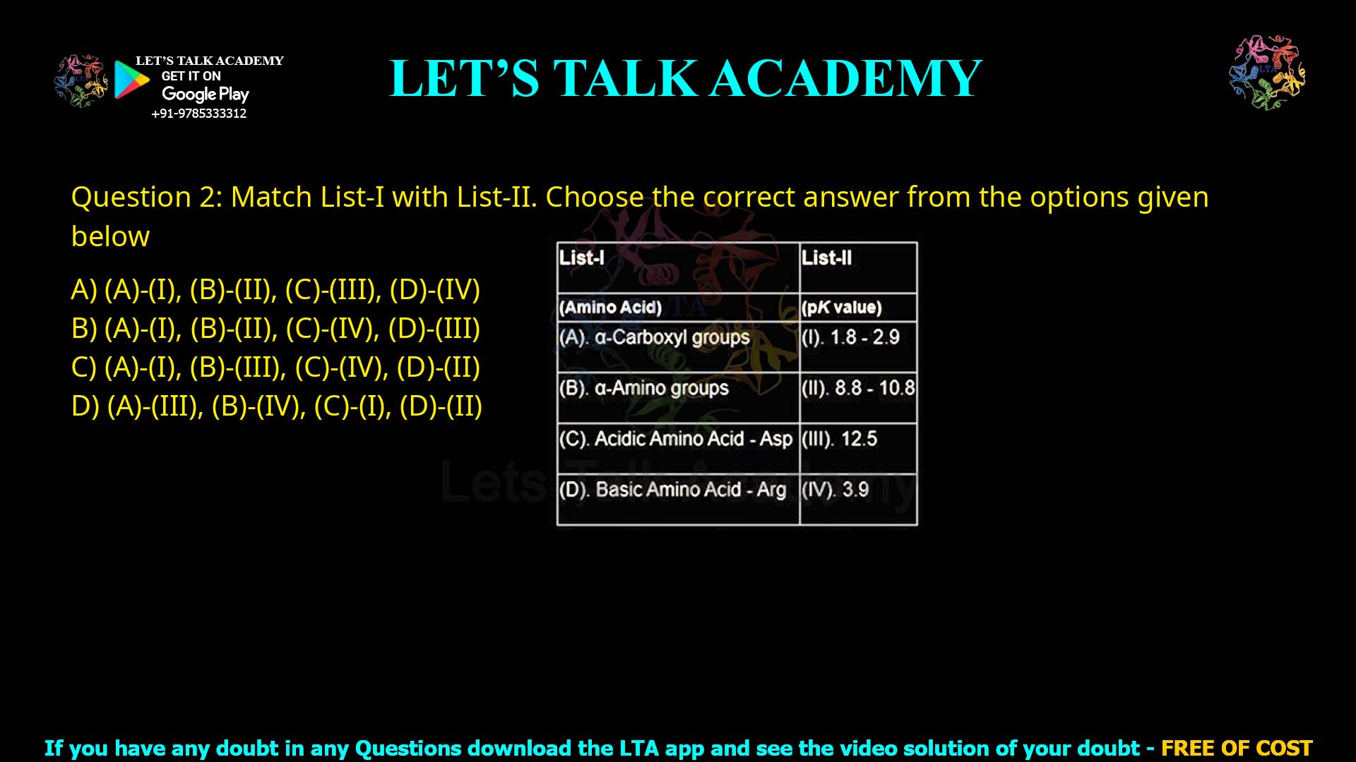 Q.2 Match List-I with List-II List-I List-II (Amino Acid) (pK value) (A) α-Carboxyl groups (I) 1.8 – 2.9 (B) α-Amino groups (II) 8.8 – 10.8 (C) Acidic Amino Acid – Asp (III) 12.5 (D) Basic Amino Acid – Arg (IV) 3.9 Choose the correct answer from the options given below: (A) – (I), (B) – (II), (C) – (III), (D) – (IV) (A) – (I), (B) – (II), (C) – (IV), (D) – (III) (A) – (I), (B) – (III), (C) – (IV), (D) – (II) (A) – (III), (B) – (IV), (C) – (I), (D) – (II)