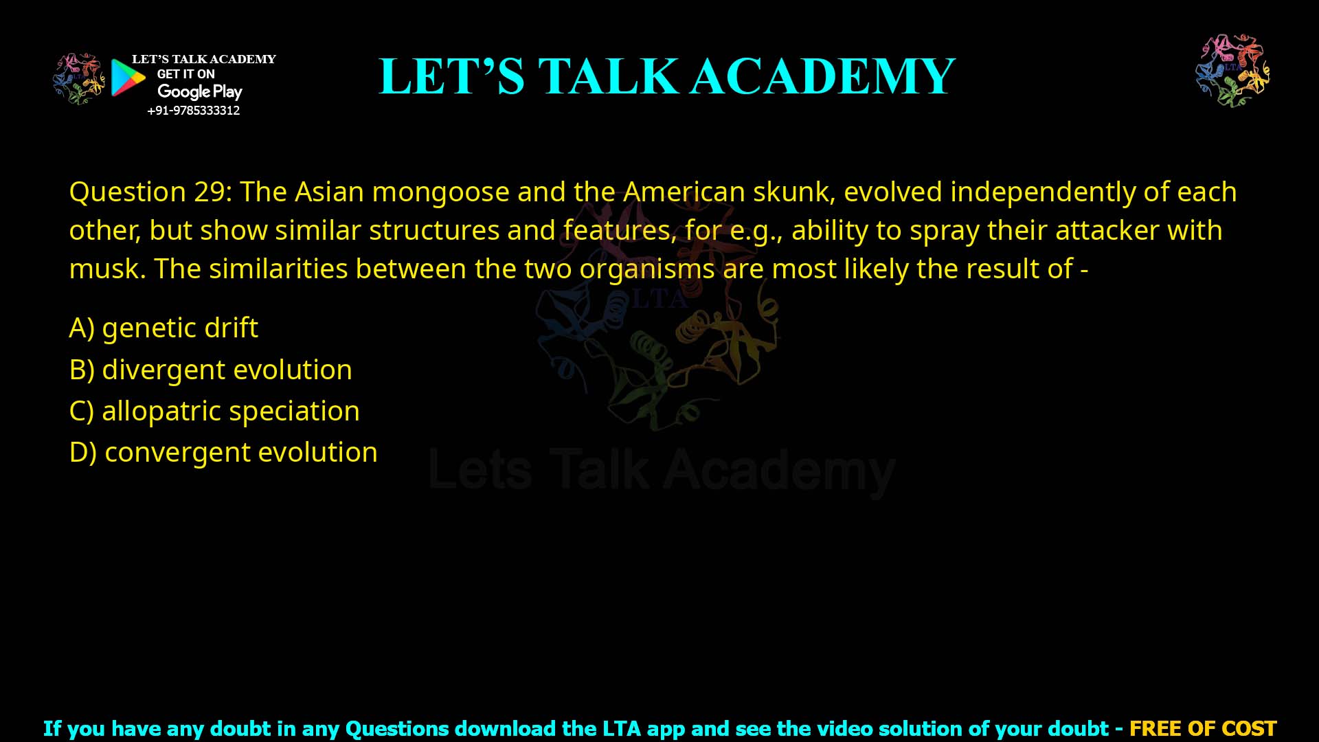 Q.29 The Asian mongoose and the American skunk evolved independently of each other, but show similar structures and features (for example, the ability to spray their attacker with musk). The similarities between the two organisms are most likely the result of: Genetic drift Divergent evolution Allopatric speciation Convergent evolution
