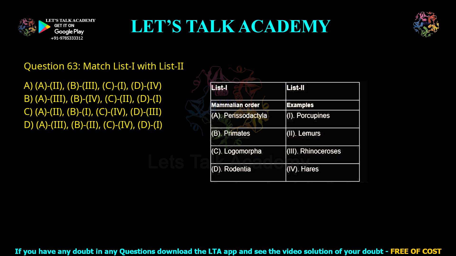 Q.63 Match List-I with List-II List-I List-II Mammalian order Examples (A) Perissodactyla (I) Porcupines (B) Primates (II) Lemurs (C) Lagomorpha (III) Rhinoceroses (D) Rodentia (IV) Hares Choose the correct answer from the options given below: 1. (A) – (II), (B) – (III), (C) – (I), (D) – (IV) 2. (A) – (III), (B) – (IV), (C) – (II), (D) – (I) 3. (A) – (II), (B) – (I), (C) – (IV), (D) – (III) 4. (A) – (III), (B) – (II), (C) – (IV), (D) – (I)