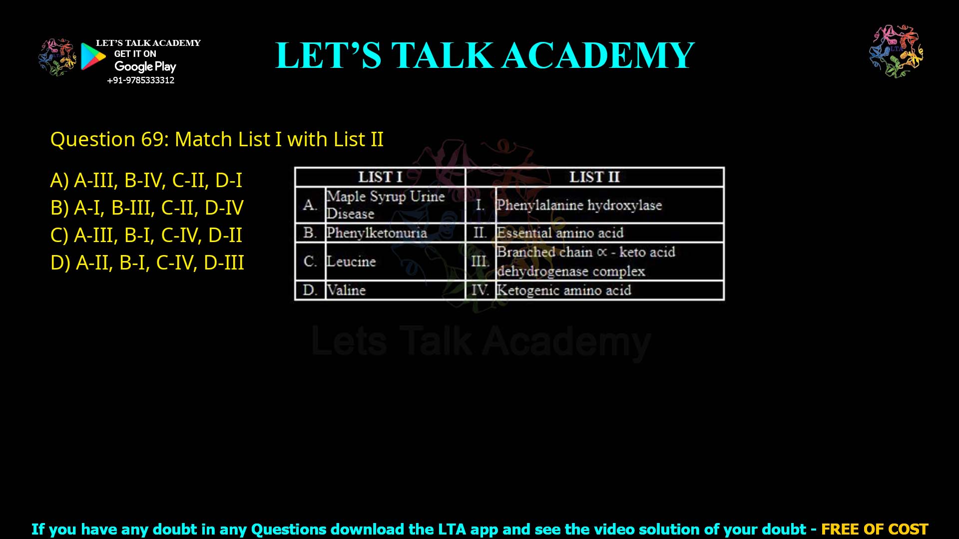 Q.69 Match List I with List II LIST I LIST II A. Maple Syrup Urine Disease B. Phenylketonuria C. Leucine D. Valine I. Phenylalanine hydroxylase II. Essential amino acid III. Branched chain α-keto acid dehydrogenase complex IV. Ketogenic amino acid Choose the correct answer from the options given below: A-III, B-IV, C-II, D-I A-I, B-III, C-II, D-IV A-III, B-I, C-IV, D-II A-II, B-I, C-IV, D-III