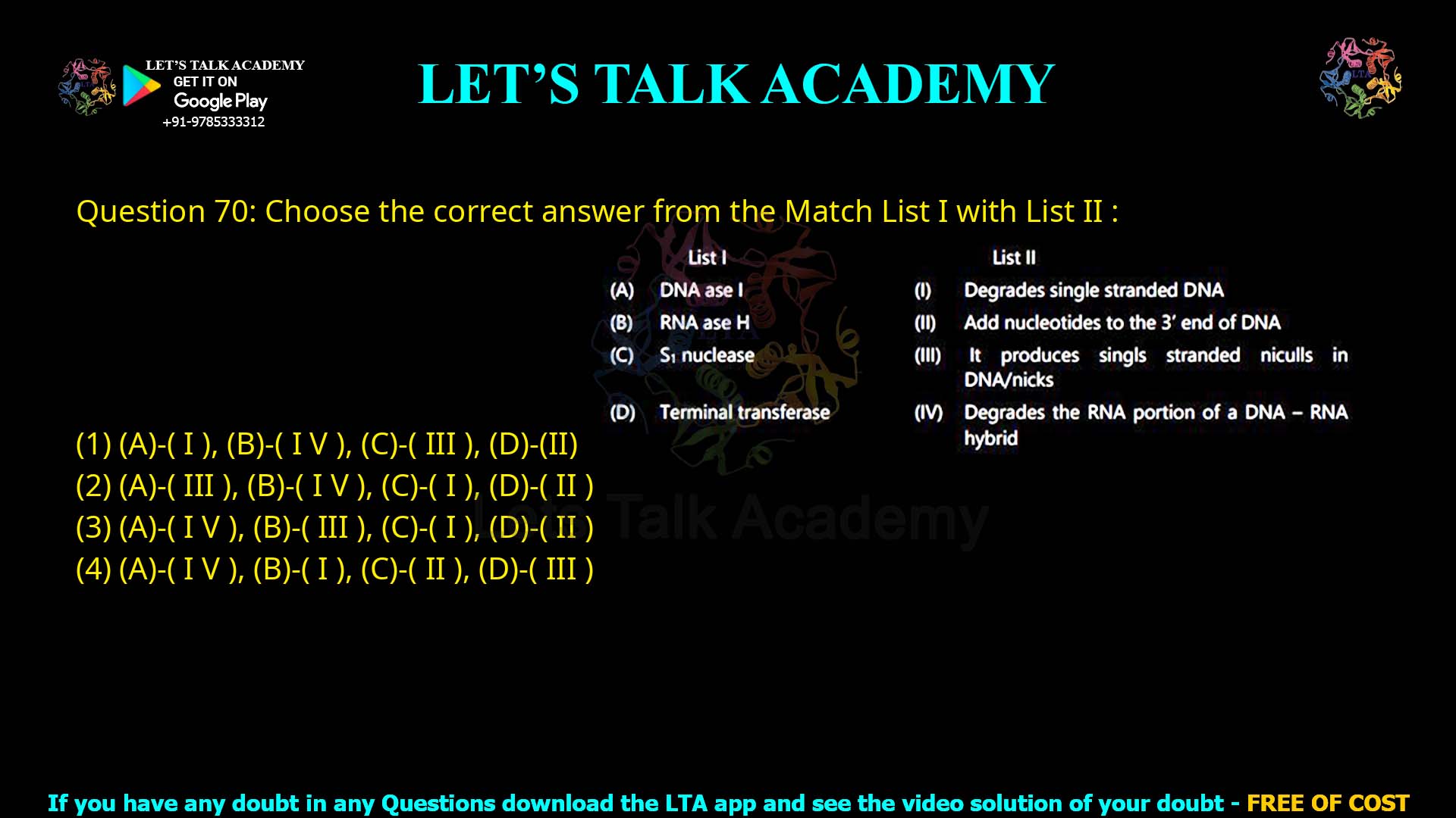 Q.70 Choose the correct answer from the Match List I with List II : List I List II (A) DNA ase I (I) Degrades single stranded DNA (B) RNA ase H (II) Add nucleotides to the 3′ end of DNA (C) S₁ nuclease (III) It produces single stranded nicks in DNA (D) Terminal transferase (IV) Degrades the RNA portion of a DNA–RNA hybrid Choose the correct answer from the options given below: (A)-(I), (B)-(IV), (C)-(III), (D)-(II) (A)-(III), (B)-(IV), (C)-(I), (D)-(II) (A)-(IV), (B)-(III), (C)-(I), (D)-(II) (A)-(IV), (B)-(I), (C)-(II), (D)-(III)