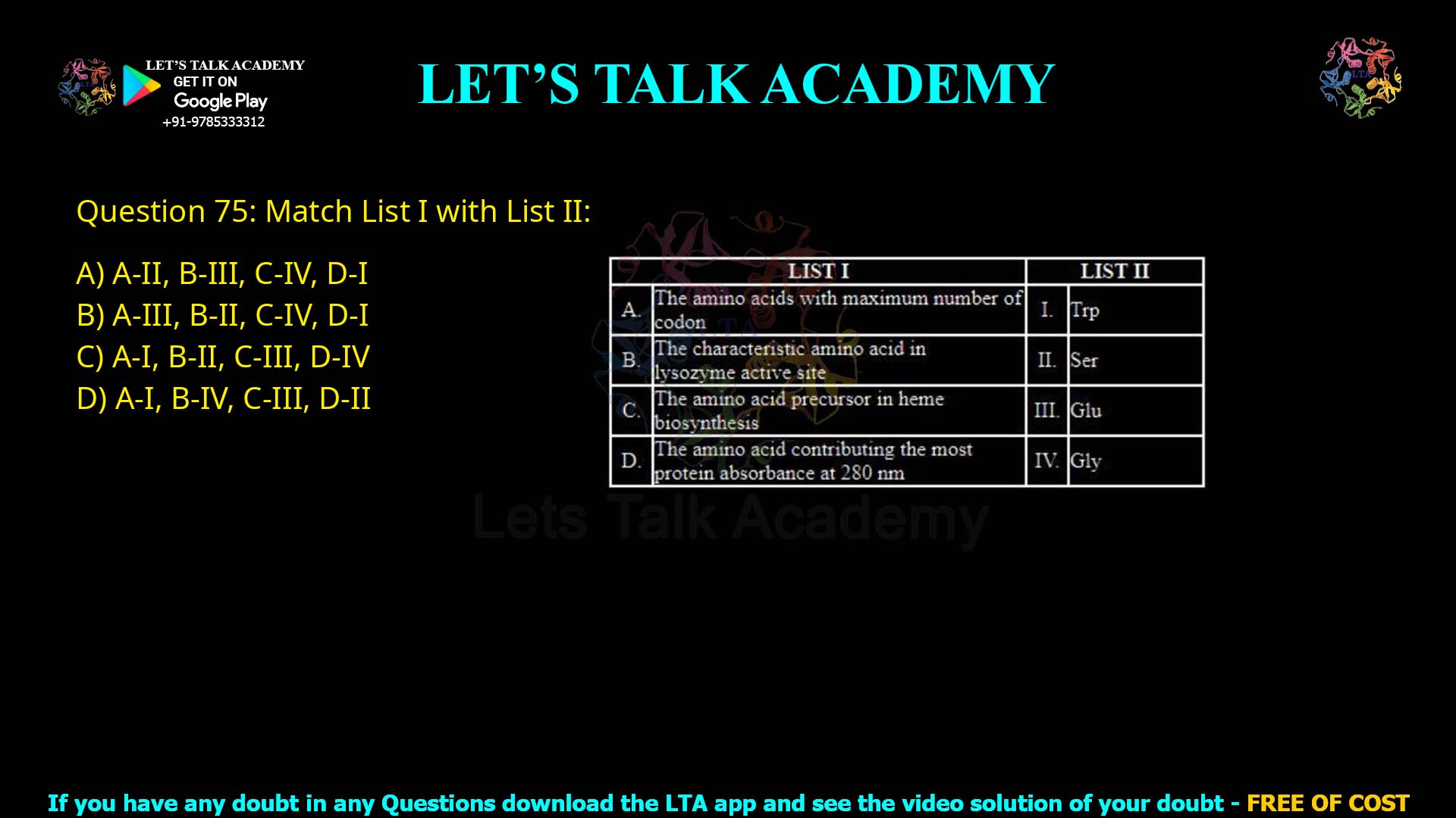 Q.75 Match List I with List II LIST I LIST II A. The amino acids with maximum number of codon B. The characteristic amino acid in lysozyme active site C. The amino acid precursor in heme biosynthesis D. The amino acid contributing the most protein absorbance at 280 nm I. Trp II. Ser III. Glu IV. Gly Choose the correct answer from the options given below: A-II, B-III, C-IV, D-I A-III, B-II, C-IV, D-I A-I, B-II, C-III, D-IV A-I, B-IV, C-III, D-II