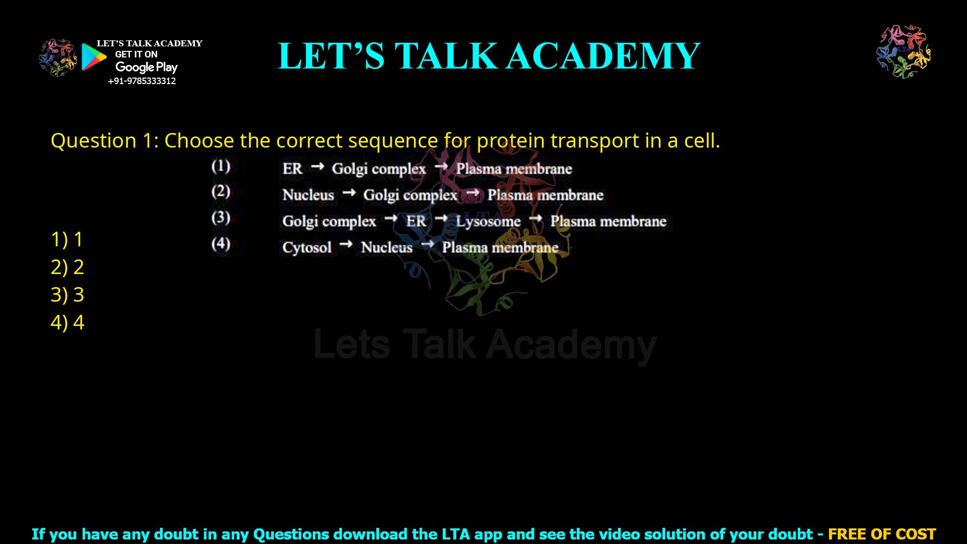Q.1 Choose the correct sequence for protein transport in a cell. (1) ER → Golgi complex → Plasma membrane (2) Nucleus → Golgi complex → Plasma membrane (3) Golgi complex → ER → Lysosome → Plasma membrane (4) Cytosol → Nucleus → Plasma membrane