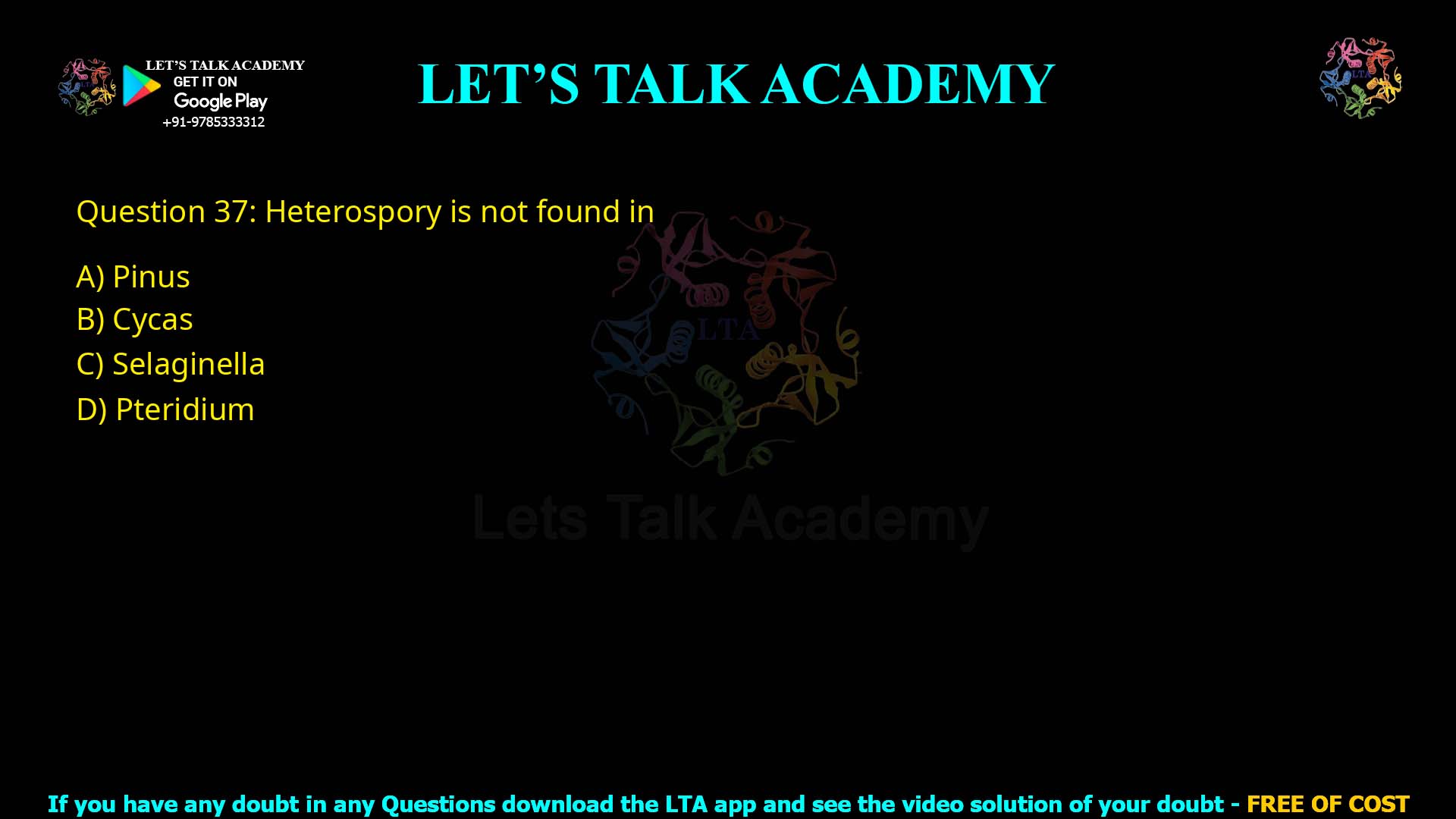 Q37.Heterospory is not found in (A) Pinus (B) Cycas (C) Selaginella (D) Pteridium