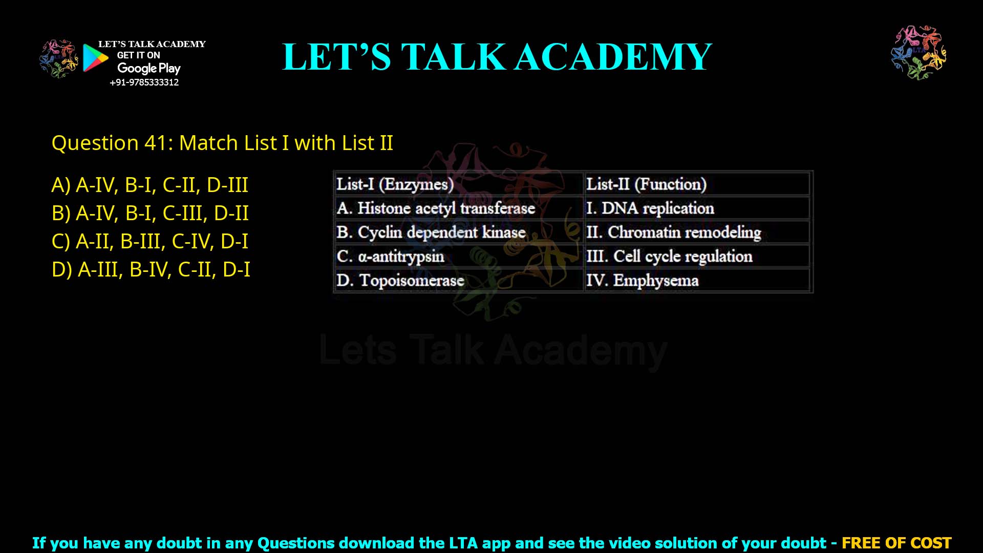 Q41.Match List I with List II List-I (Enzymes) A. Histone acetyl transferase B. Cyclin dependent kinase C. α-antitrypsin D. Topoisomerase List-II (Function) I. DNA replication II. Chromatin remodeling III. Cell cycle regulation IV. Emphysema Choose the correct answer from the options given below: (A) A-IV, B-I, C-II, D-III (B) A-IV, B-I, C-III, D-II (C) A-II, B-III, C-IV, D-I (D) A-III, B-IV, C-II, D-I