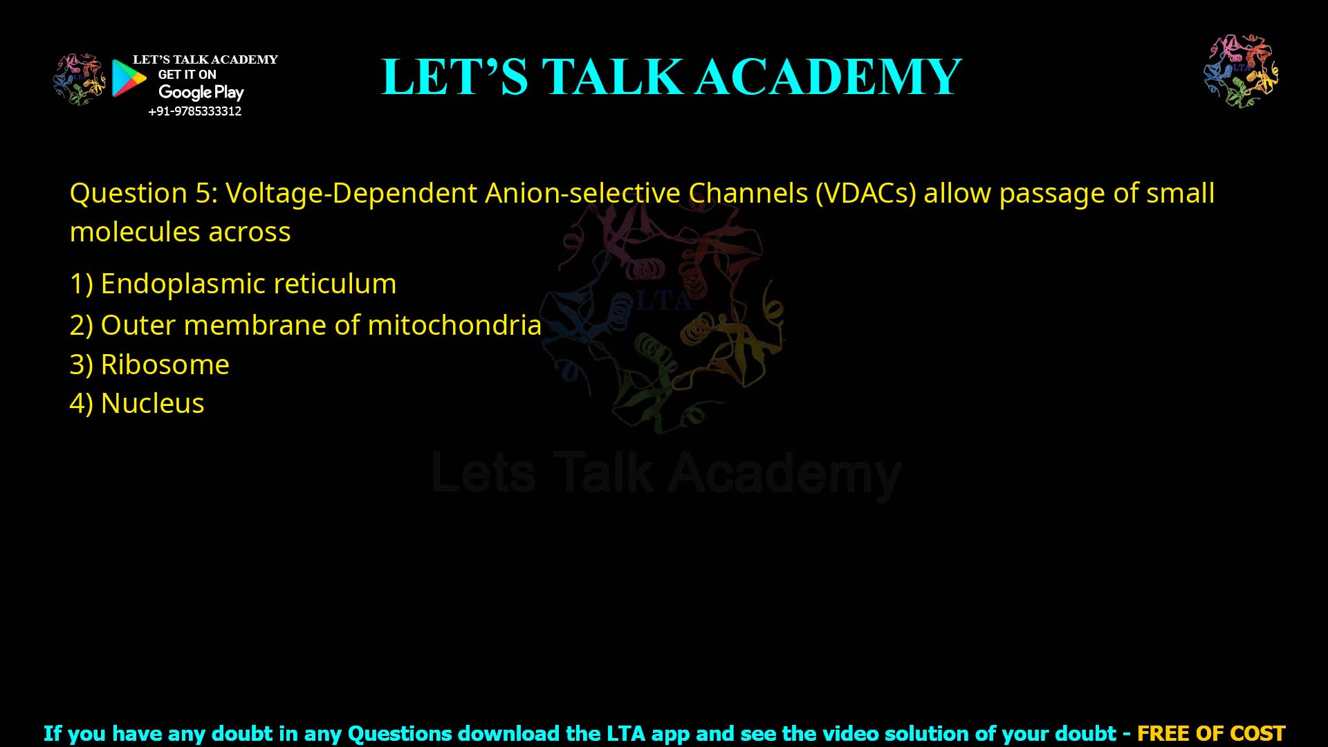 Q.5 Voltage-Dependent Anion-selective Channels (VDACs) allow passage of small molecules across (1) Endoplasmic reticulum (2) Outer membrane of mitochondria (3) Ribosome (4) Nucleus