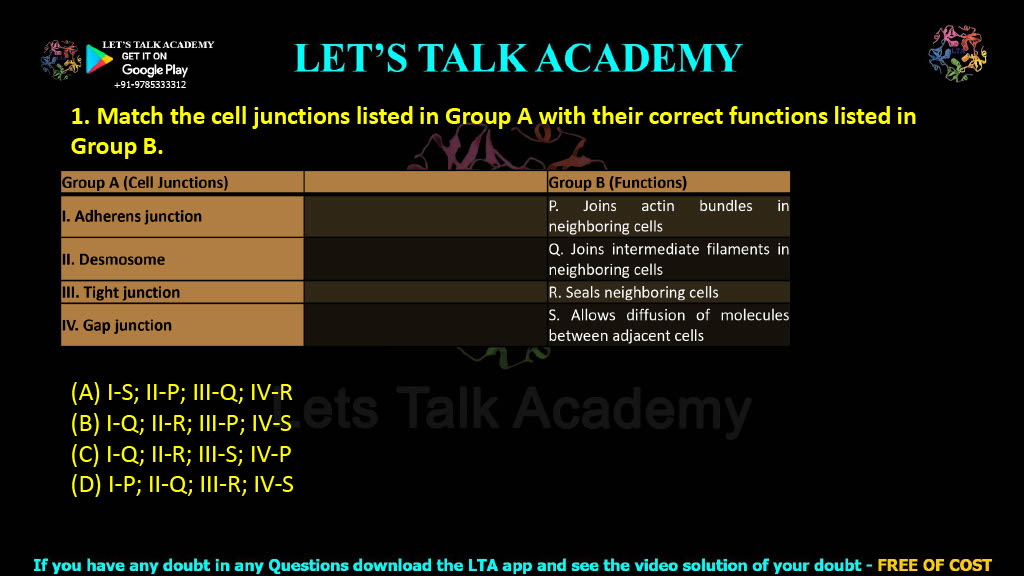 1. Match the cell junctions listed in Group A with their correct functions listed in Group B. Group A Group B (I) Adherens junction (P) Joins actin bundles in neighboring cells (II) Desmosome (Q) Joins intermediate filaments in neighboring cells (III) Tight junction (R) Seals neighboring cells (IV) Gap junction (S) Allows diffusion of molecules between adjacent cells (A) I-S; II-P; III-Q; IV-R (B) I-Q; II-R; III-P; IV-S (C) I-Q; II-R; III-S; IV-P (D) I-P; II-Q; III-R; IV-S