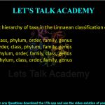 12. The correct hierarchy of taxa in the Linnaean classification of eukaryotes is  (A) kingdom, class, phylum, order, family, genus (B) kingdom, order, class, phylum, family, genus (C) kingdom, phylum, order, family, class, genus (D) kingdom, phylum, class, order, family, genus