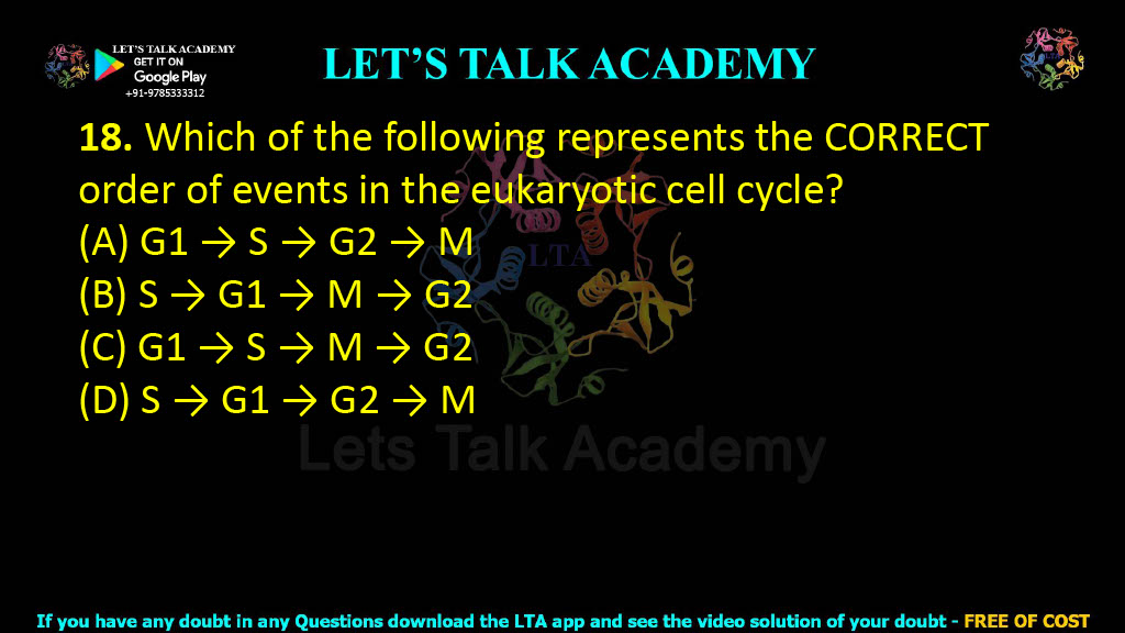 18. Which of the following represents the CORRECT order of events in the eukaryotic cell cycle?     (A) G1 → S → G2 → M  (B) S → G1 → M → G2  (C) G1 → S → M → G2  (D) S → G1 → G2 → M
