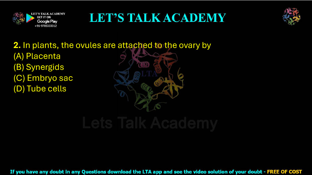 2. In plants, the ovules are attached to the ovary by (A) Placenta (B) Synergids (C) Embryo sac (D) Tube cells