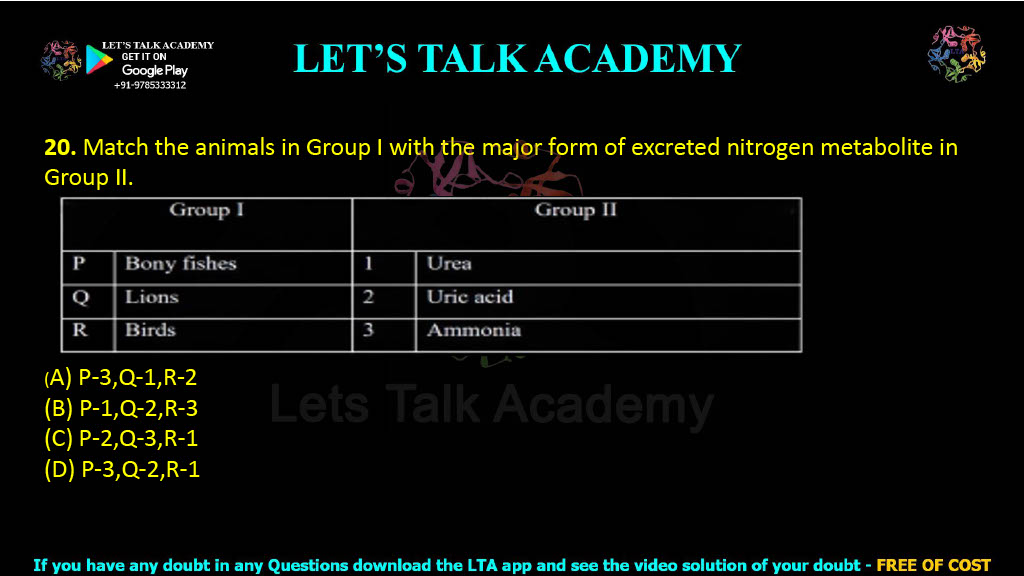 20. Match animals in Group I with major form of excreted nitrogen metabolite in Group II.  Group I Group II P. Bony fishes 1. Urea Q. Lions 2. Uric acid R. Birds 3. Ammonia (A) P-3, Q-1, R-2 (B) P-1, Q-2, R-3 (C) P-2, Q-3, R-1 (D) P-3, Q-2, R-1