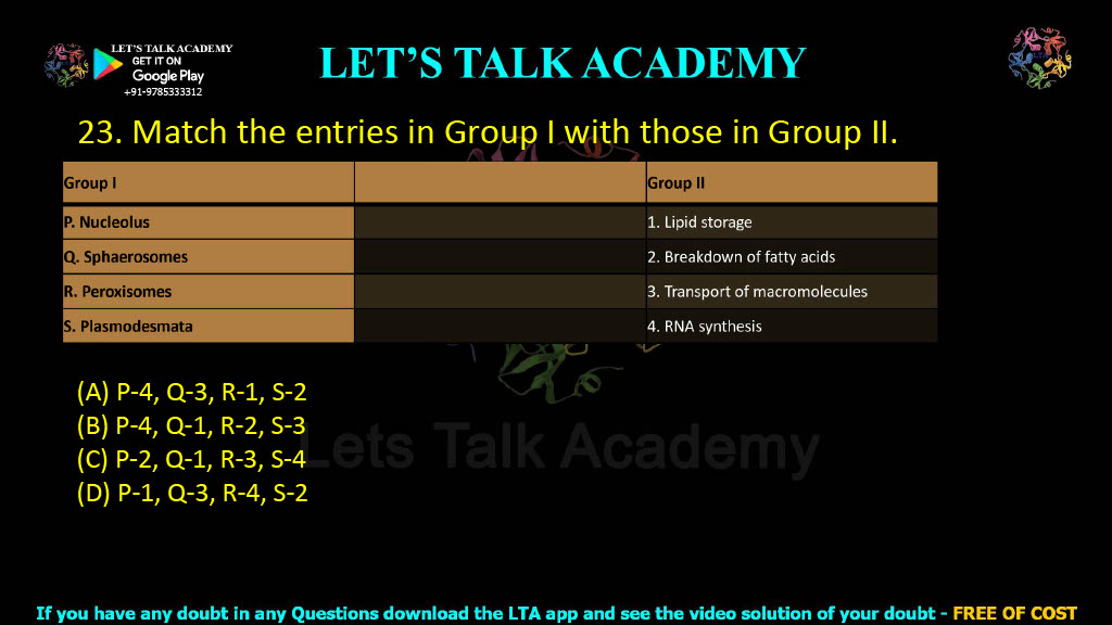 23. Match the entries in Group I with that in Group II  Group I                                 Group II P) Nucleolus                     1) lipid storage Q) Sphaerosomes            2) breakdown of fatty acids R) Peroxisomes               3) transport of macromolecules S)Plasmodesmata           4) RNA synthesis (A) P-4, Q-3, R-1, S-2 (B) P-4, Q-1, R-2, S-3 (C) P-2, Q-1, R-3, S-4 (D) P-1, Q-3, R-4, S-2