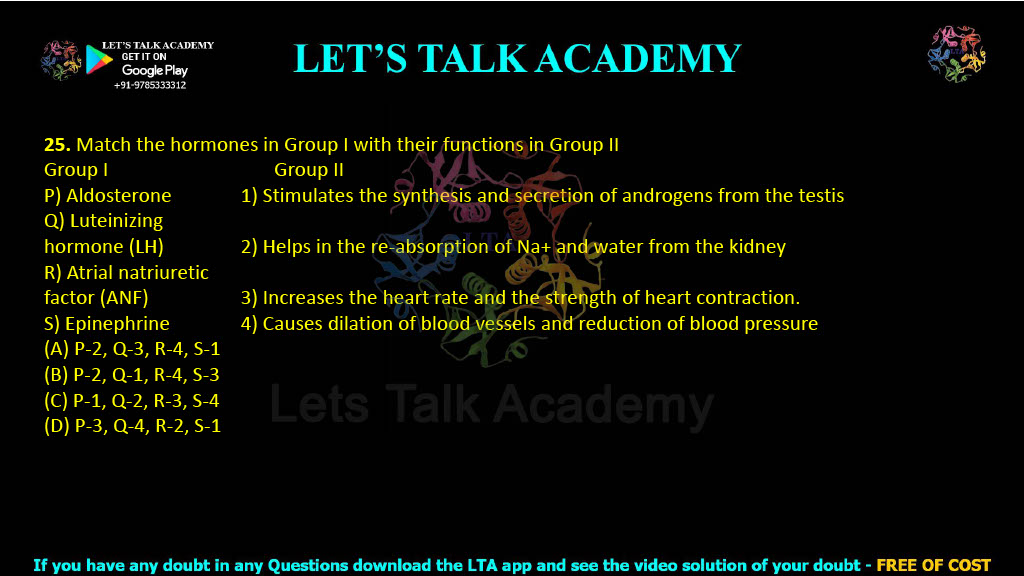 25. Match the hormones in Group I with their functions in Group II  Group I                                                Group II P) Aldosterone                      1) Stimulates the synthesis and secretion of androgens from the testis Q) Luteinizing                      2) Helps in the re-absorption of Na+ and water from the kidney hormone (LH)                         R) Atrial natriuretic            3) Increases the heart rate and the strength of heart contraction. factor (ANF)      S) Epinephrine                     4) Causes dilation of blood vessels and reduction of blood pressure (A) P-2, Q-3, R-4, S-1    (B) P-2, Q-1, R-4, S-3 (C) P-1, Q-2, R-3, S-4     (D) P-3, Q-4, R-2, S-1