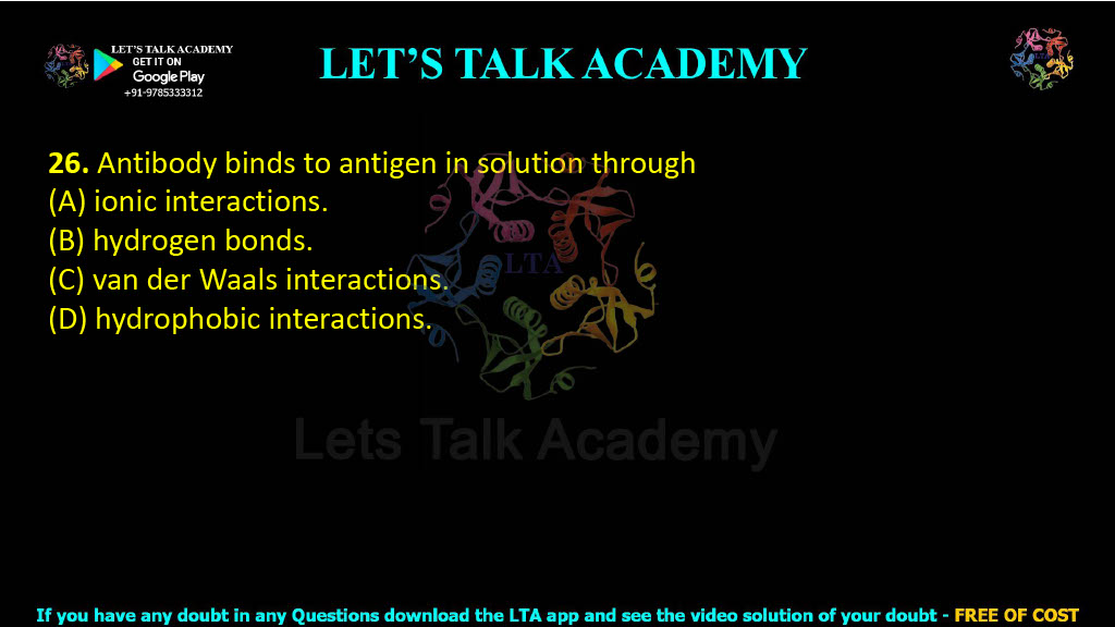 26.  Antibody binds to antigen in solution through (A) ionic interactions.     (B) hydrogen bonds. (C) van der Waals interactions.    (D) hydrophobic interactions.