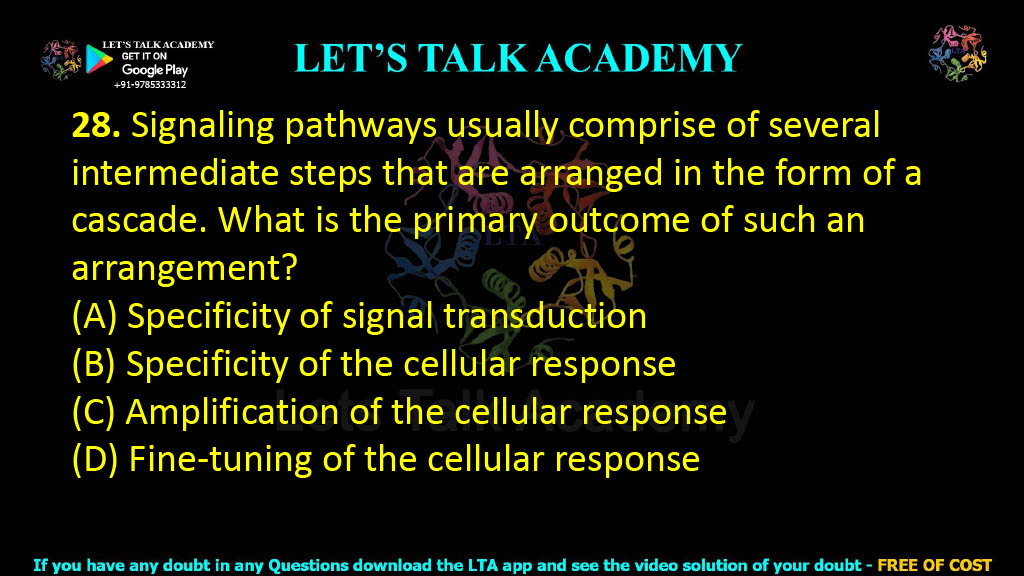 28. Signaling pathways usually comprise of several intermediate steps that are arranged in the form of a cascade. What is the primary outcome of such an arrangement?  (A) Specificity of signal transduction (B) Specificity of the cellular response (C) Amplification of the cellular response (D) Fine-tuning of the cellular response