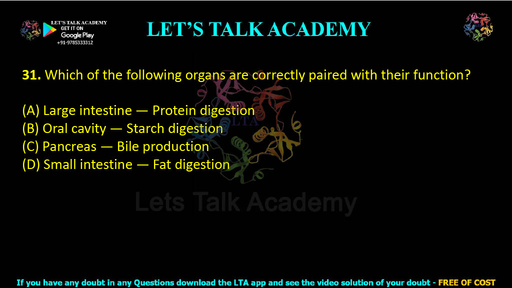 31. Which of the following organs are correctly paired with their function?  (A) Large intestine — Protein digestion (B) Oral cavity — Starch digestion (C) Pancreas — Bile production (D) Small intestine — Fat digestion