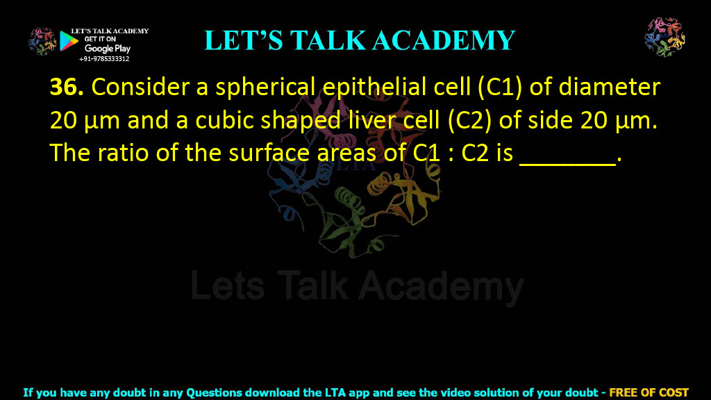 36. Consider a spherical epithelial cell (C1) of diameter 20 μm and a cubic shaped liver cell (C2) of side 20 μm. The ratio of the surface areas of C1 : C2 is _______.    