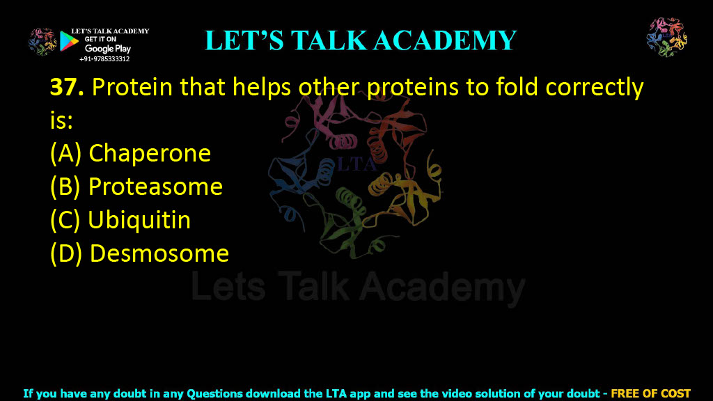 37. Protein that helps other proteins to fold correctly is:  (A) Chaperone (B) Proteasome (C) Ubiquitin (D) Desmosome