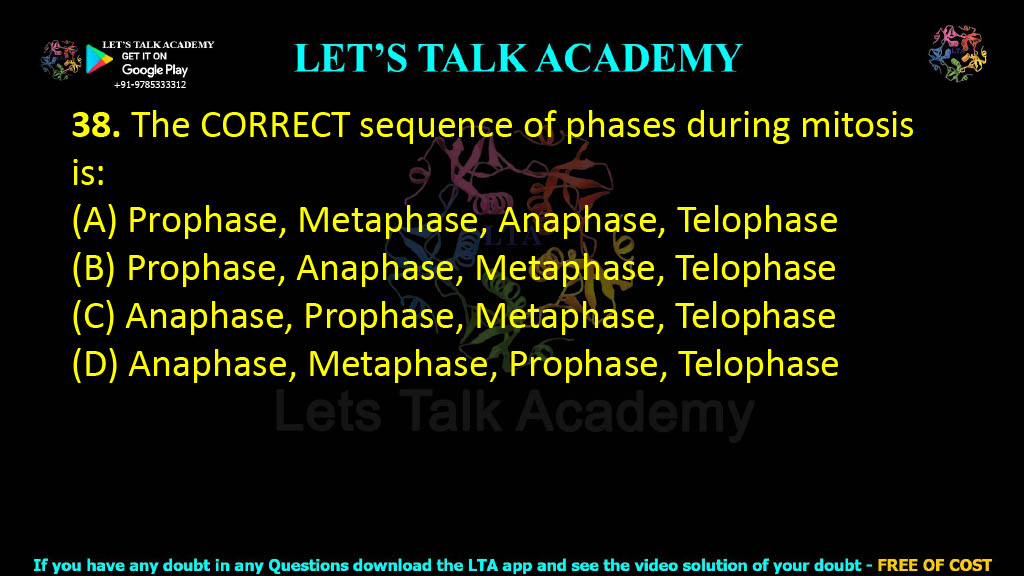 38. The CORRECT sequence of phases during mitosis is:  (A) Prophase, Metaphase, Anaphase, Telophase (B) Prophase, Anaphase, Metaphase, Telophase (C) Anaphase, Prophase, Metaphase, Telophase (D) Anaphase, Metaphase, Prophase, Telophase