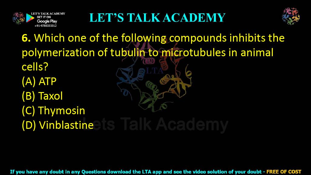 6. Which one of the following compounds inhibits the polymerization of tubulin to microtubules in animal cells? (2023) (A) ATP (B) Taxol (C) Thymosin (D) Vinblastine