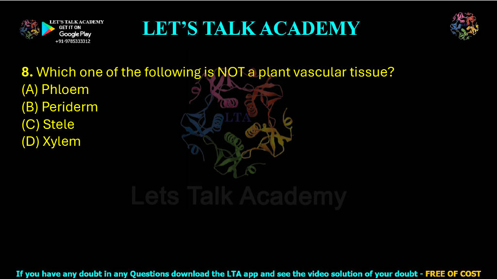 8. Which one of the following is NOT a plant vascular tissue?  (A) Phloem (B) Periderm (C) Stele (D) Xylem