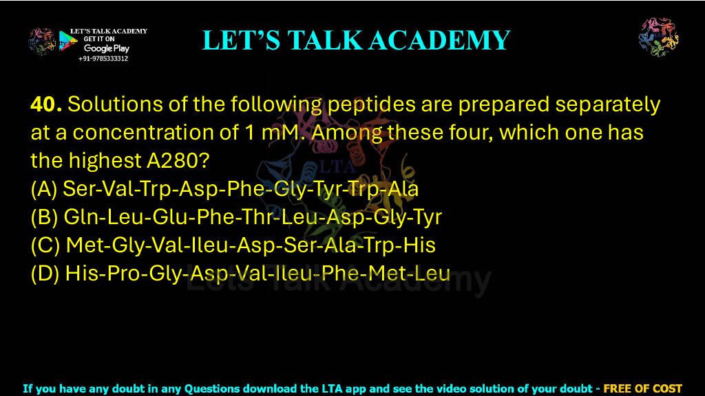 40. Solutions of the following peptides are prepared separately at a concentration of 1 mM. Among these four, which one has the highest A280?  (A) Ser-Val-Trp-Asp-Phe-Gly-Tyr-Trp-Ala (B) Gln-Leu-Glu-Phe-Thr-Leu-Asp-Gly-Tyr (C) Met-Gly-Val-Ileu-Asp-Ser-Ala-Trp-His (D) His-Pro-Gly-Asp-Val-Ileu-Phe-Met-Leu