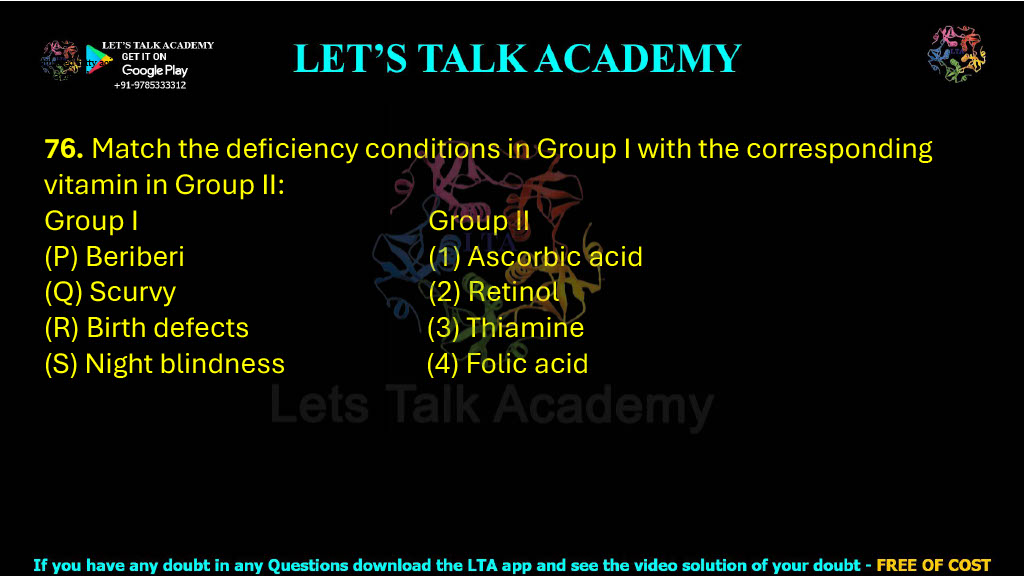 76. Match the deficiency conditions in Group I with the corresponding vitamin in Group II:  Group I (P) Beriberi (Q) Scurvy (R) Birth defects (S) Night blindness Group II (1) Ascorbic acid (2) Retinol (3) Thiamine (4) Folic acid