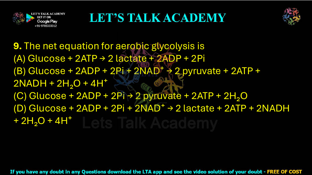 9. The net equation for aerobic glycolysis is  (A) Glucose + 2ATP → 2 lactate + 2ADP + 2Pi (B) Glucose + 2ADP + 2Pi + 2NAD⁺ → 2 pyruvate + 2ATP + 2NADH + 2H₂O + 4H⁺ (C) Glucose + 2ADP + 2Pi → 2 pyruvate + 2ATP + 2H₂O (D) Glucose + 2ADP + 2Pi + 2NAD⁺ → 2 lactate + 2ATP + 2NADH + 2H₂O + 4H⁺