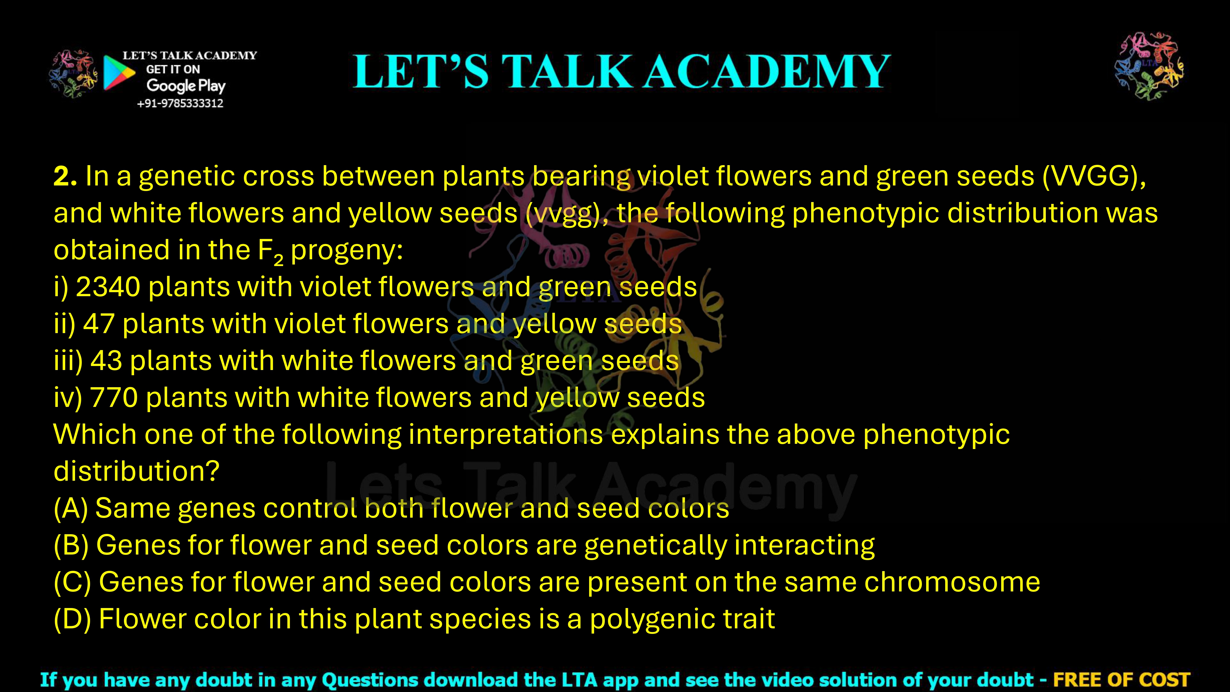 2. In a genetic cross between plants bearing violet flowers and green seeds (VVGG), and white flowers and yellow seeds (vvgg), the following phenotypic distribution was obtained in the F₂ progeny: i) 2340 plants with violet flowers and green seeds ii) 47 plants with violet flowers and yellow seeds iii) 43 plants with white flowers and green seeds iv) 770 plants with white flowers and yellow seeds Which one of the following interpretations explains the above phenotypic distribution?              (A) Same genes control both flower and seed colors (B) Genes for flower and seed colors are genetically interacting (C) Genes for flower and seed colors are present on the same chromosome (D) Flower color in this plant species is a polygenic trait