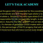 33. Assume that the gene UNC is essential for the coordinated movement of a nematode and that the wild-type allele U is dominant over the mutant allele u. Similarly, the wild-type allele D of another gene DPY, which is responsible for the normal body length, is dominant over the mutant allele d. Assume the UNC and DPY are on two different chromosomes. If a female of genotype UUDD mates with a male of the genotype uudd, the percentage of the F2 progeny that will display uncoordinated movement but will have normal body length is         