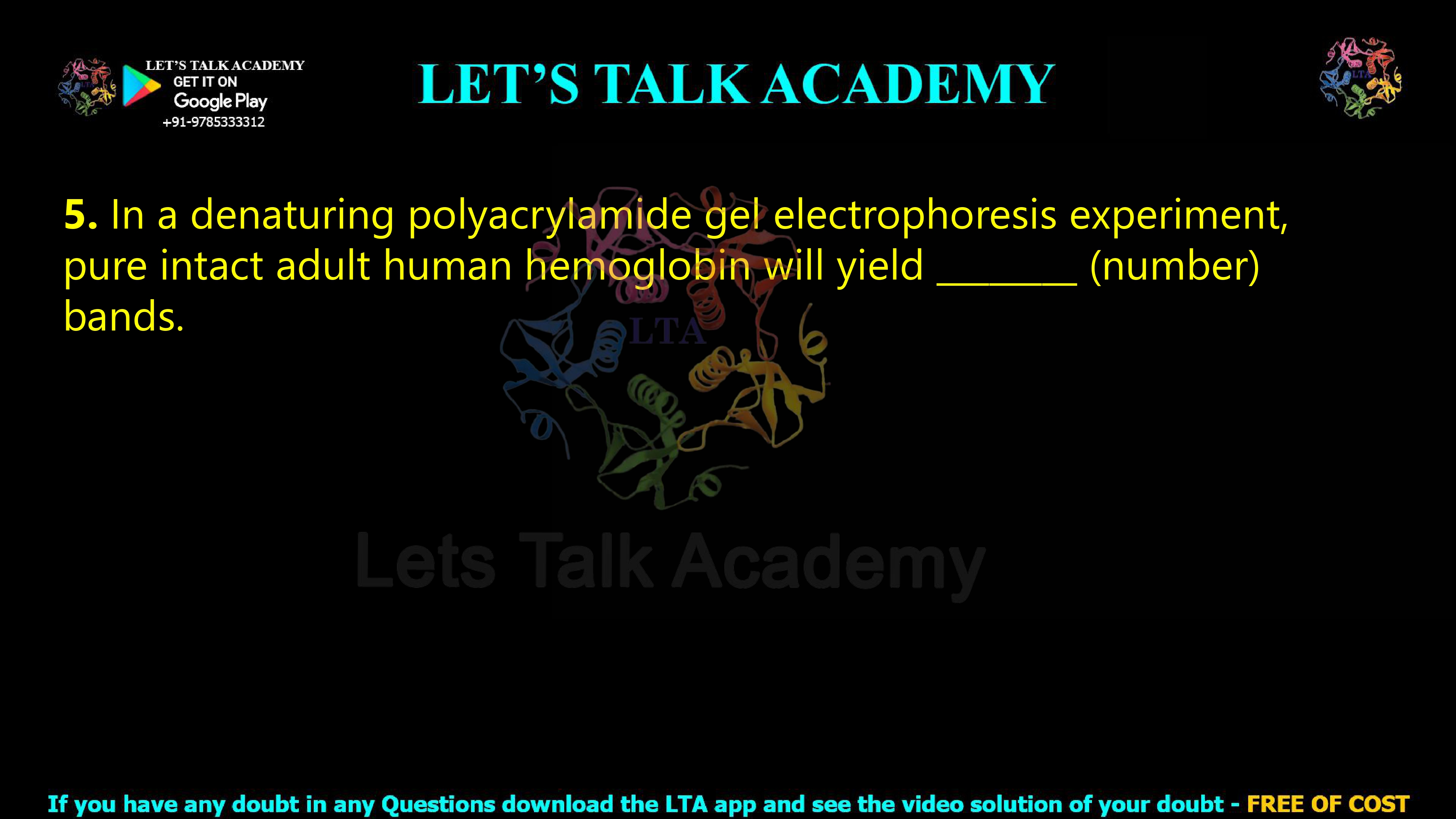5. In a denaturing polyacrylamide gel electrophoresis experiment, pure intact adult human hemoglobin will yield ________ (number) bands.