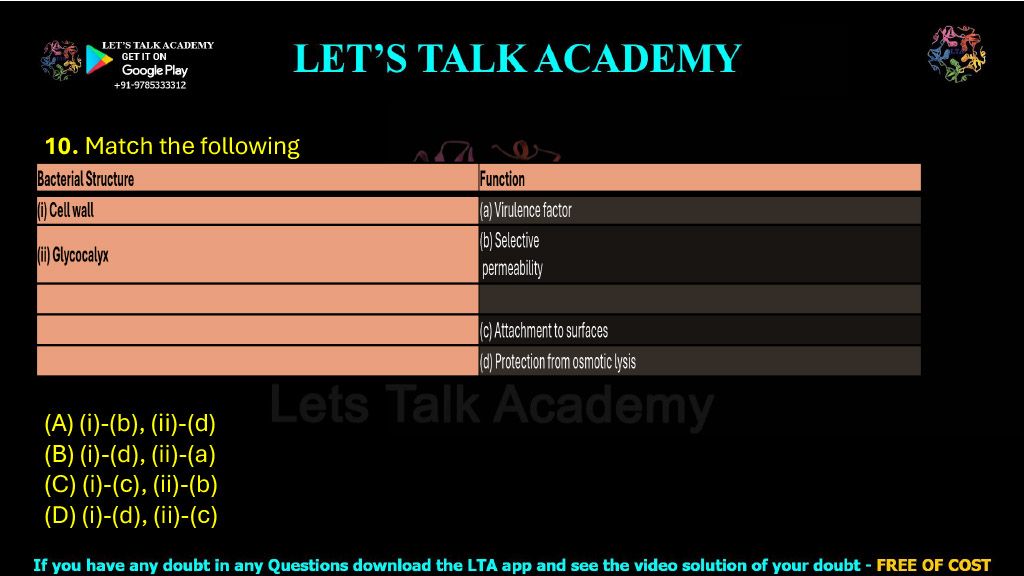 10. Match the following  Bacterial Structure Function (i) Cell wall (a) Virulence factor (ii) Glycocalyx (b) Selective  permeability (c) Attachment to surfaces (d) Protection from osmotic lysis (A) (i)-(b), (ii)-(d) (B) (i)-(d), (ii)-(a) (C) (i)-(c), (ii)-(b) (D) (i)-(d), (ii)-(c)