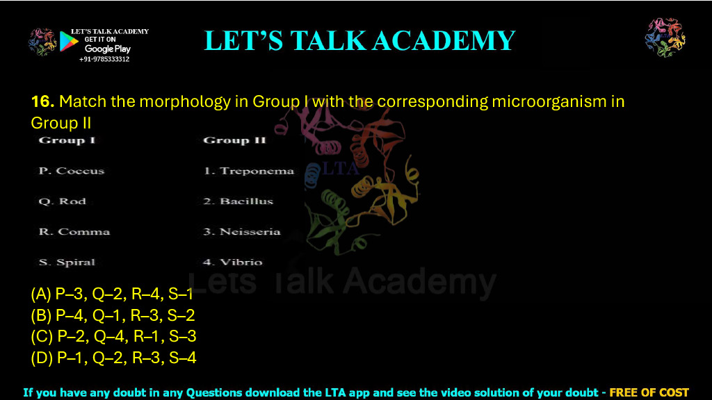 16. Match the morphology in Group I with the corresponding microorganism in Group II   Group I Group II P. Coccus 1. Treponema Q. Rod 2. Bacillus R. Comma 3. Neisseria S. Spiral 4. Vibrio Options: (A) P–3, Q–2, R–4, S–1 (B) P–4, Q–1, R–3, S–2 (C) P–2, Q–4, R–1, S–3 (D) P–1, Q–2, R–3, S–4