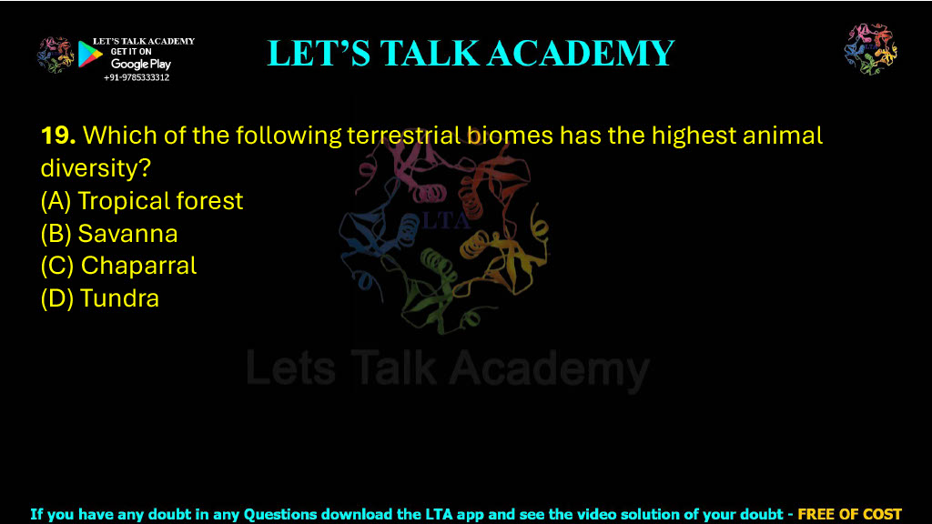 19. Which of the following terrestrial biomes has the highest animal diversity?    (A) Tropical forest  (B) Savanna  (C) Chaparral  (D) Tundra
