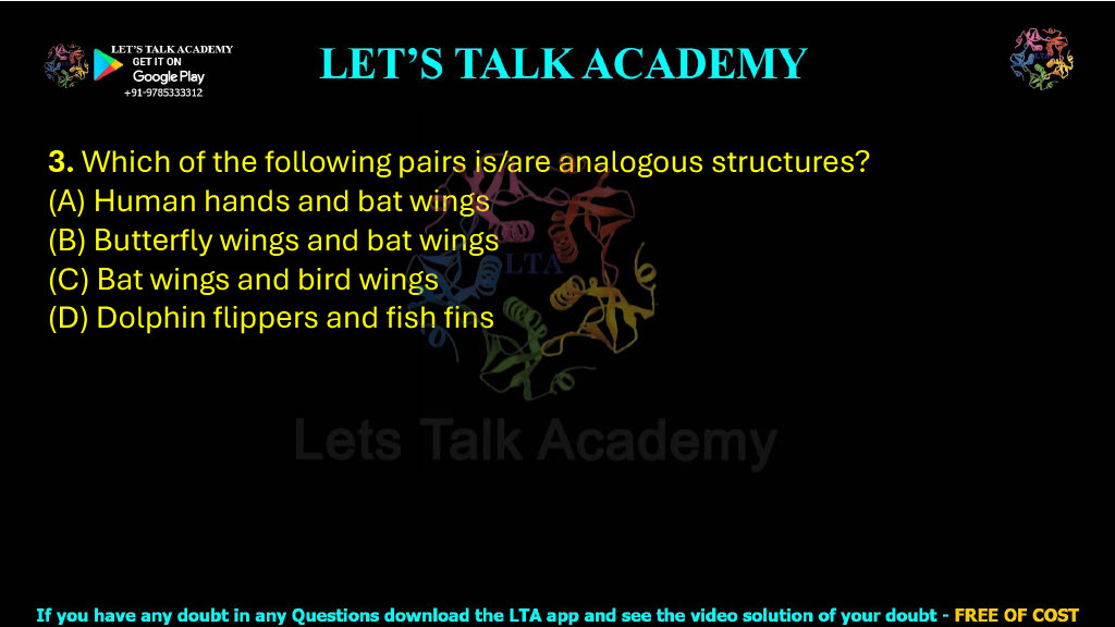 3. Which of the following pairs is/are analogous structures?  (A) Human hands and bat wings (B) Butterfly wings and bat wings (C) Bat wings and bird wings (D) Dolphin flippers and fish fins