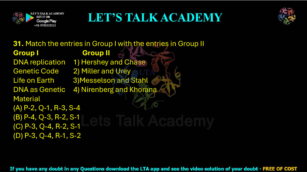 31. Match the entries in Group I with the entries in Group II  Group I                                    Group II DNA replication                 1) Hershey and Chase Genetic Code                      2) Miller and Urey Life on Earth                      3)Messelson and Stahl DNA as Genetic                 4) Nirenberg and Khorana Material       (A) P-2, Q-1, R-3, S-4    (B) P-4, Q-3, R-2, S-1 (C) P-3, Q-4, R-2, S-1     (D) P-3, Q-4, R-1, S-2
