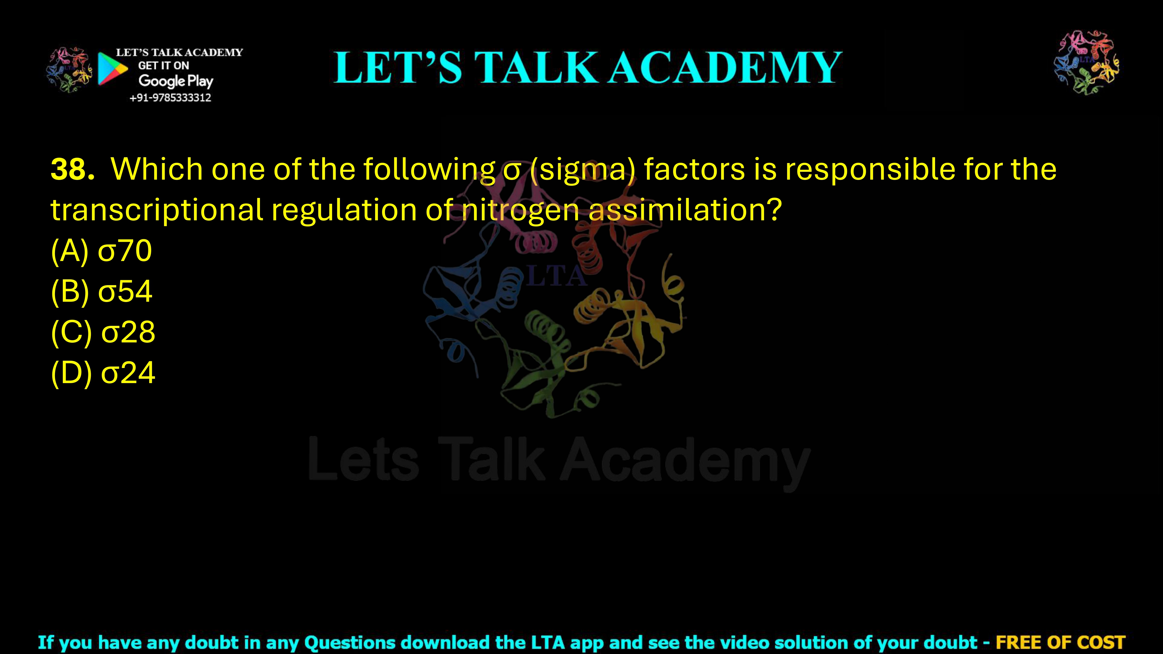 38. Which one of the following σ (sigma) factors is responsible for the transcriptional regulation of nitrogen assimilation?     (A) σ70 (B) σ54 (C) σ28 (D) σ24