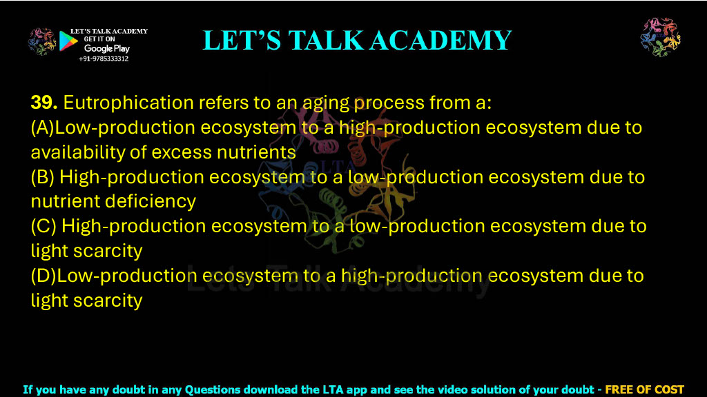 39. Eutrophication refers to an aging process from a: (A)Low-production ecosystem to a high-production ecosystem due to availability of excess nutrients (B) High-production ecosystem to a low-production ecosystem due to nutrient deficiency (C) High-production ecosystem to a low-production ecosystem due to light scarcity (D)Low-production ecosystem to a high-production ecosystem due to light scarcity