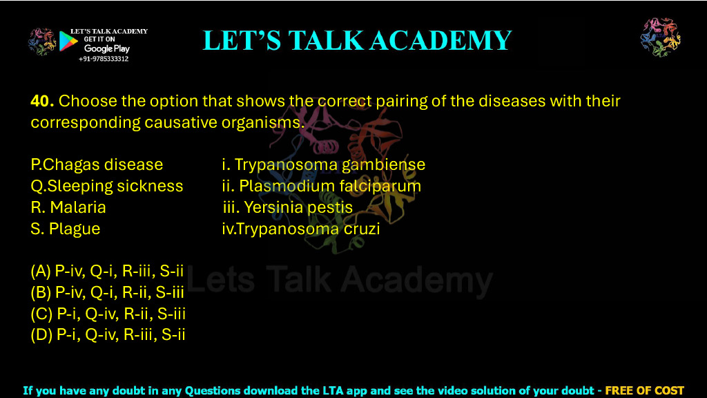 40. Choose the option that shows the correct pairing of the diseases with their corresponding causative organisms.  P. Chagas disease            i. Trypanosoma gambiense                            Q. Sleeping sickness       ii. Plasmodium falciparum                                       R. Malaria                         iii. Yersinia pestis S. Plague                            iv.Trypanosoma cruzi (A) P-iv, Q-i, R-iii, S-ii   (B) P-iv, Q-i, R-ii, S-iii (C) P-i, Q-iv, R-ii, S-iii   (D) P-i, Q-iv, R-iii, S-ii
