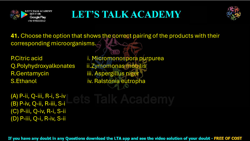 41. Choose the option that shows the correct pairing of the products with their corresponding microorganisms.  P.Citric acid                                         i. Micromonospora purpurea Q.Polyhydroxyalkonates                   ii. Zymomonas mobilis R.Gentamycin                                     iii. Aspergillus niger S.Ethanol                                              iv. Ralstonia eutropha  (A) P-ii, Q-iii, R-i, S-iv  (B) P-iv, Q-ii, R-iii, S-i (C) P-iii, Q-iv, R-i, S-ii   (D) P-iii, Q-i, R-iv, S-ii