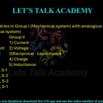 45. Match the entries in Group I (Mechanical system) with analogous quantities in Group II (Electrical system)  Group I                                           Group II P) Mass                                            1) Current Q) Spring constant                        2) Voltage R) Displacement                            3)Reciprocal capacitance S) Velocity                                       4) Charge                                                            5) Inductance (A) P-3, Q-5, R-4, S-1 (B) P-5, Q-3, R-4, S-2 (C) P-3, Q-5, R-4, S-2     (D) P-5, Q-3, R-4, S-1