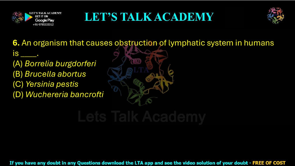 6. An organism that causes obstruction of lymphatic system in humans is ____.  (A) Borrelia burgdorferi (B) Brucella abortus (C) Yersinia pestis (D) Wuchereria bancrofti