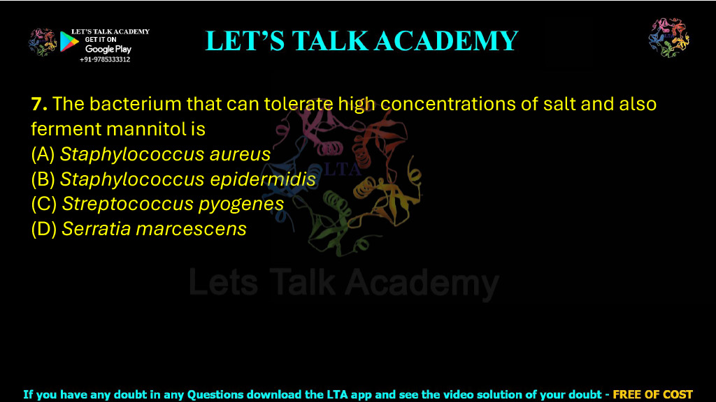7. The bacterium that can tolerate high concentrations of salt and also ferment mannitol is (A) Staphylococcus aureus (B) Staphylococcus epidermidis (C) Streptococcus pyogenes (D) Serratia marcescens