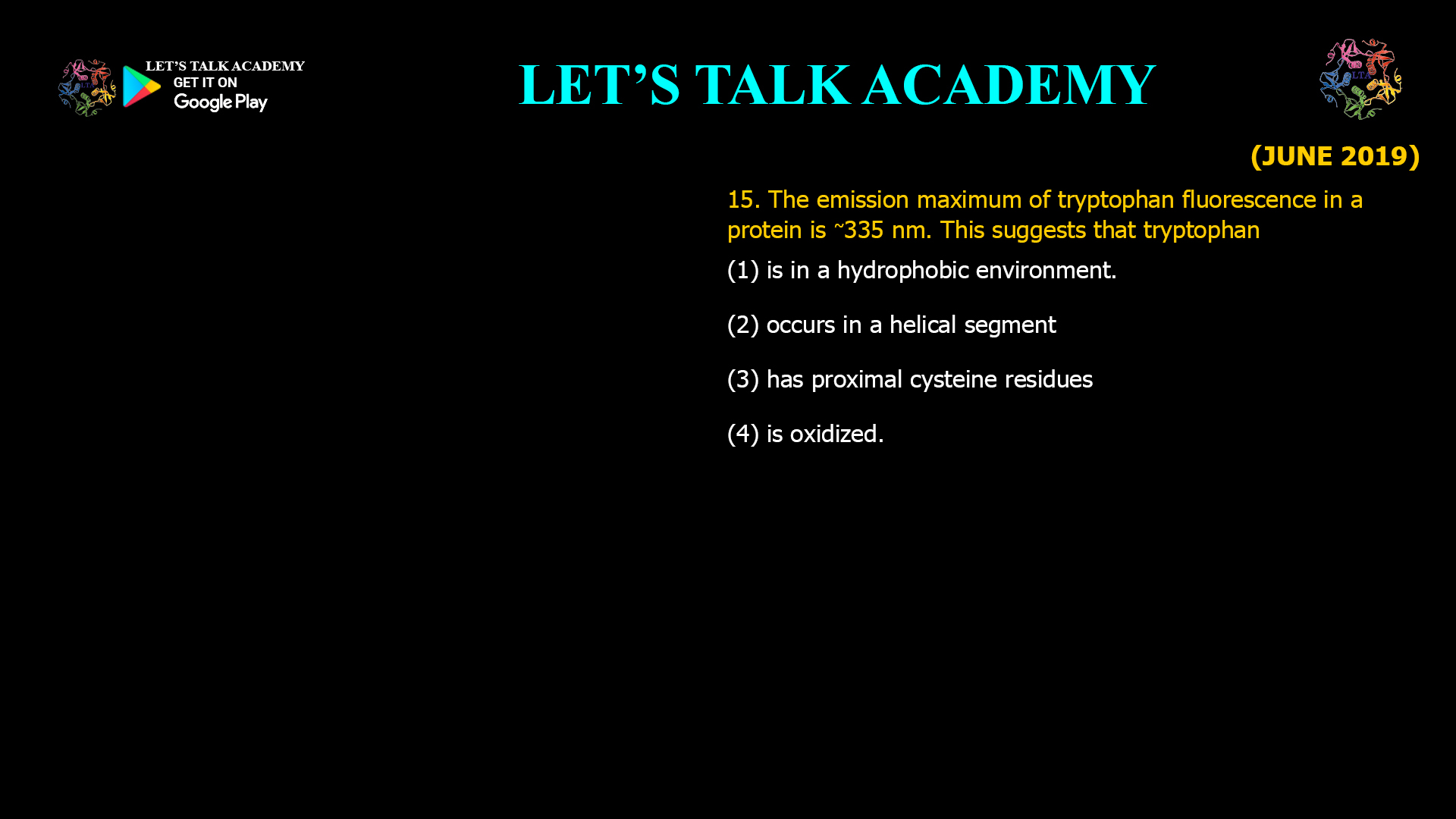 15. The emission maximum of tryptophan fluorescence in a protein is ~335 nm. This suggests that tryptophan (1) is in a hydrophobic environment. (2) occurs in a helical segment. (3) has proximal cysteine residues. (4) is oxidized.