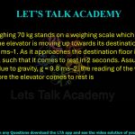 75. A man weighing 70 kg stands on a weighing scale which is placed in an elevator. The elevator is moving up towards its destination floor with a velocity of 1.0 ms–1. As it approaches the destination floor it starts slowing down, such that it comes to rest in 2 seconds. Assuming the acceleration due to gravity, g = 9.8 ms–2, the reading of the weighing scale just before the elevator comes to rest is 