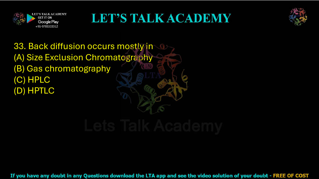 33. Back diffusion occurs mostly in: A. Size exclusion chromatography B. Gas chromatography C. HPLC D. HPTLC